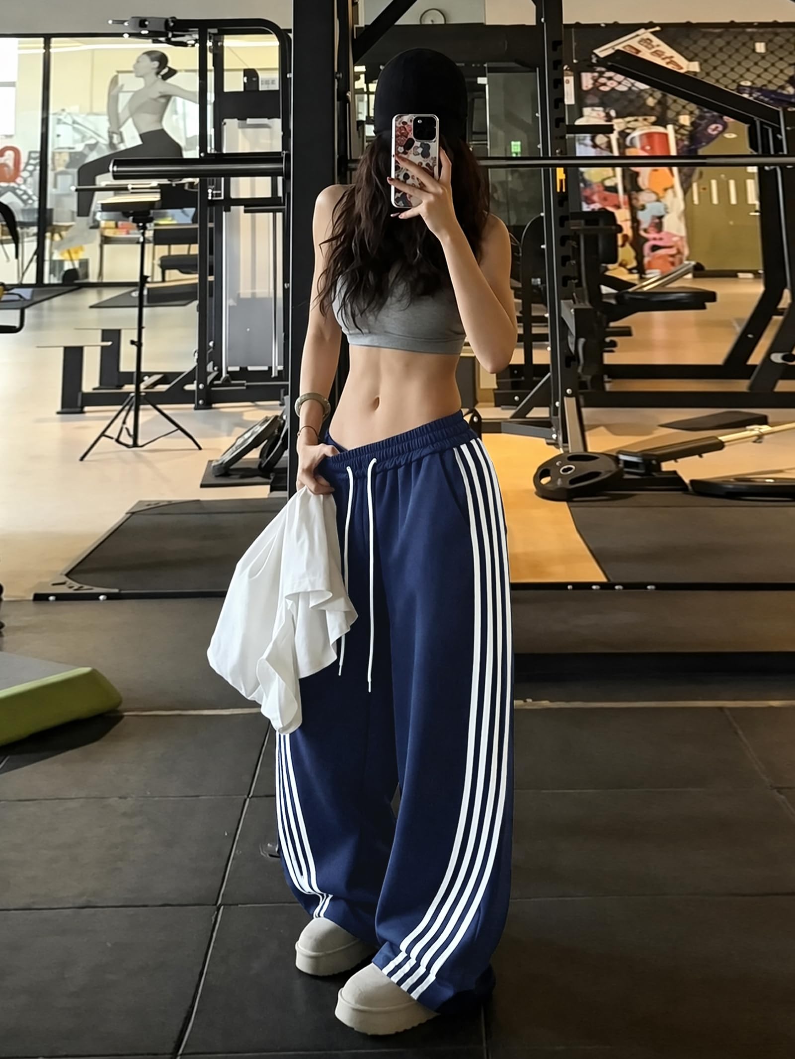 EMMIOLA Y2K Striped Barrel Baggy Sweatpants High Waist Wide Leg Drawstring Joggers
