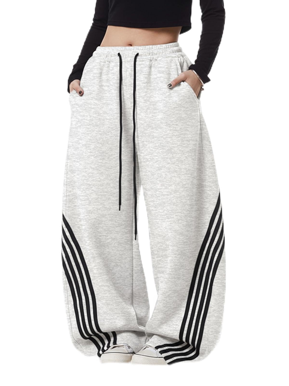 EMMIOLA Y2K Striped Barrel Baggy Sweatpants High Waist Wide Leg Drawstring Joggers