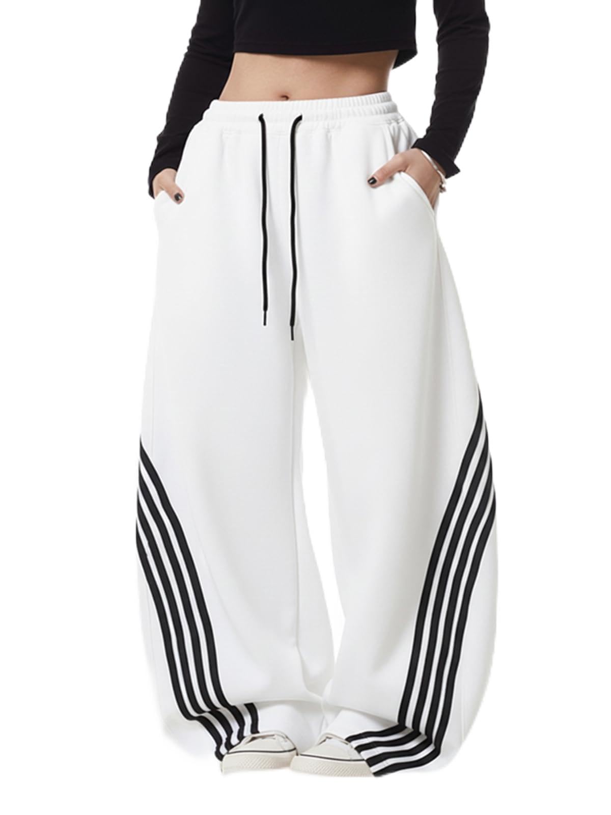 EMMIOLA Y2K Striped Barrel Baggy Sweatpants High Waist Wide Leg Drawstring Joggers