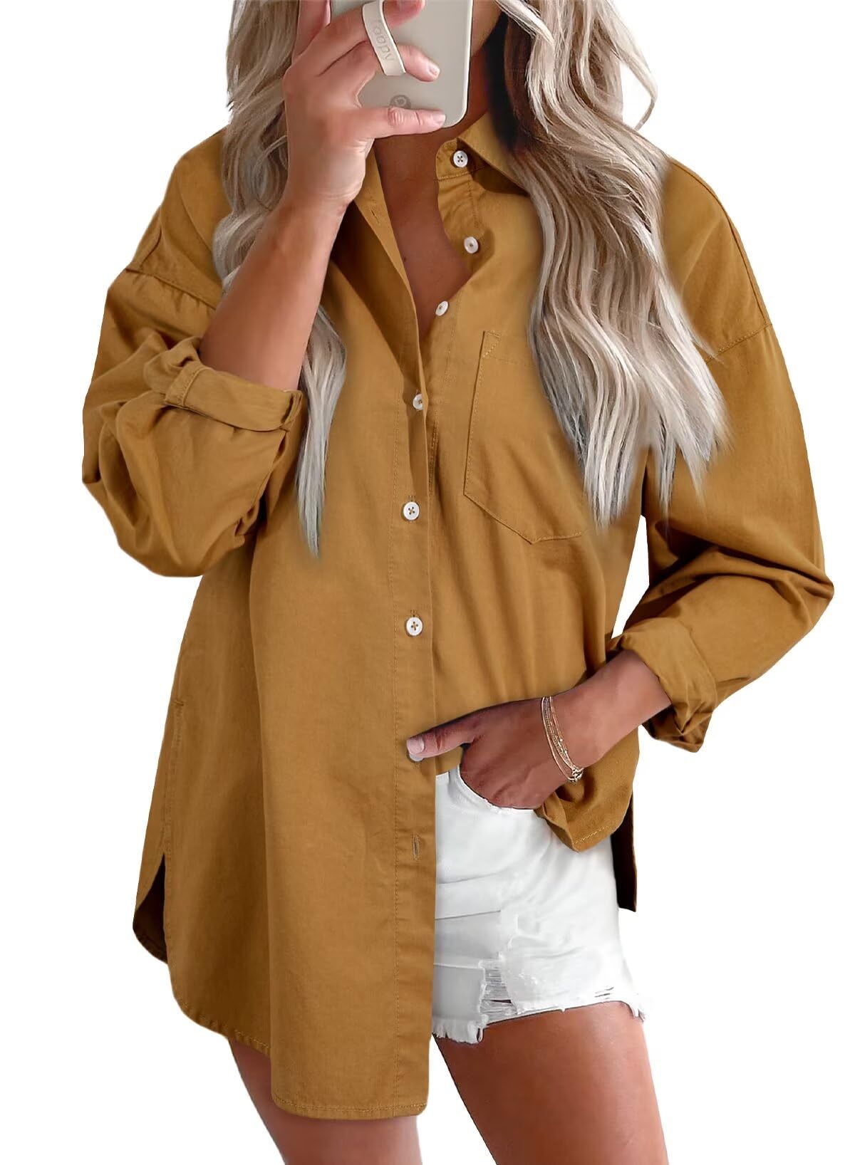 EMMIOLA Women's V Neck Button Down Denim Blouse Casual Tops